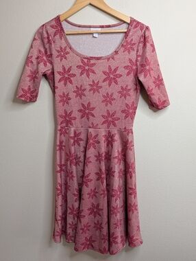 LuLaRoe Nicole Dress | Size L | Pink Floral Print with Gold Shimmer